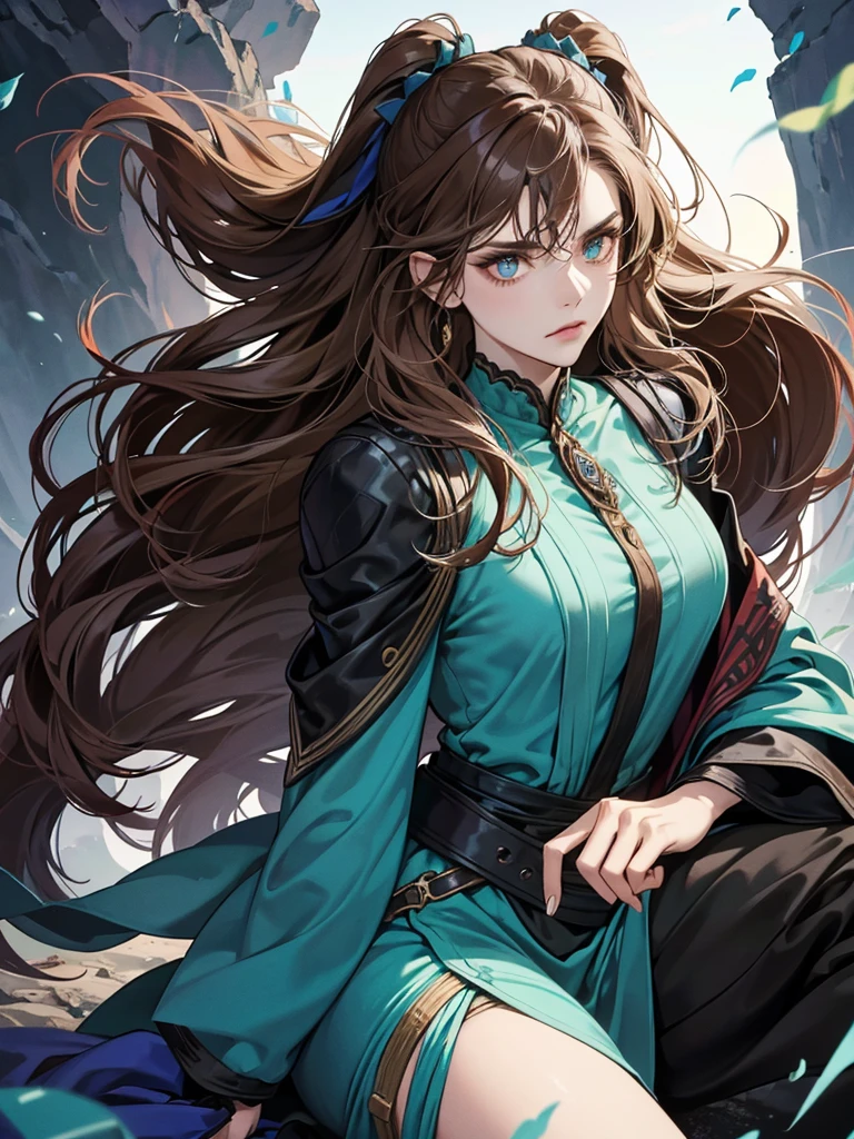 Create an image of Lyra, a member of the Warlock clan and twin sister of Mirella. Lyra should be depicted as a striking and formidable figure with a sense of underlying envy and intensity. She has a sharp, angular appearance that reflects her powerful and mystical nature. Her long, ash brown hair flows elegantly, with its color contrasting against her dark and rich attire. Her eyes are intense and piercing, with a hint of frustration or longing.