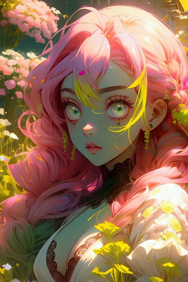 Convert your flower art into illustration.、Create backgrounds with vibrant colors and unique touches The type of flower is statice、Gypsophila、sweet pea、Mix in some lace flowers, big breasts, cleavage, pink hair, green eyes, (green highlights), green braids, sitting, sexy pose,