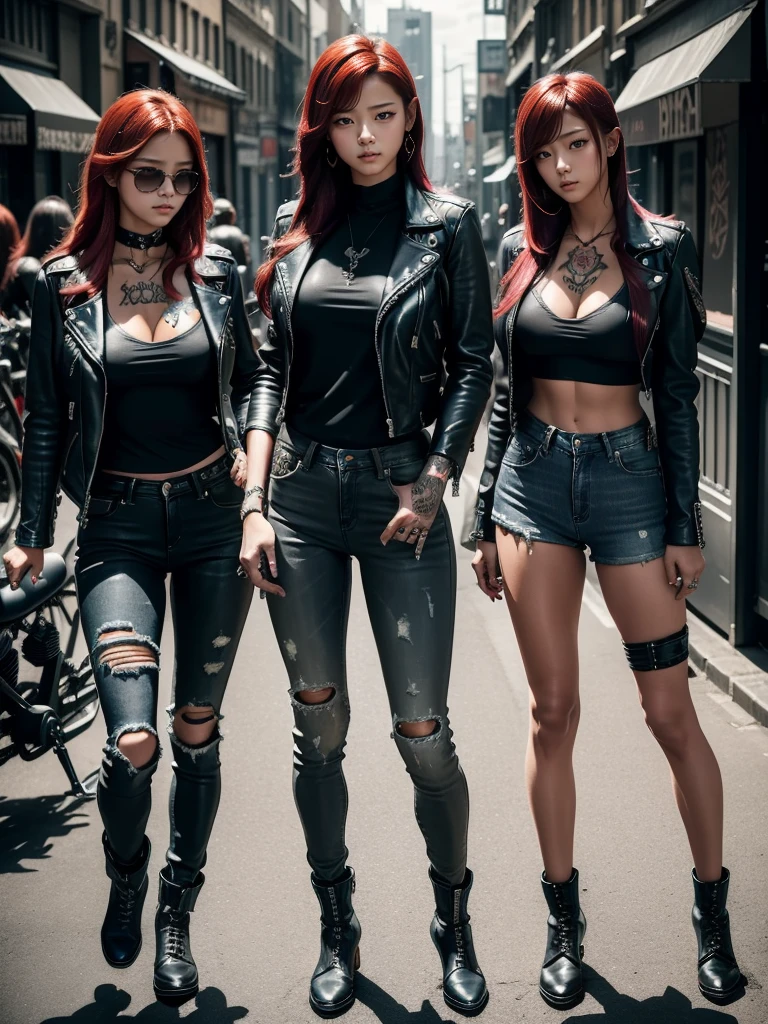 Hard Locker、Heavy Metal、Gangster Girl、Three girls from a bad gang、Leather jacket、Dark grey tight denim、Faded blue skinny jeans、Hard Leather Boots、Long legs、Red Hair、Armed、Dispute、Dark big city backstreets、Tattoo、Bike next to