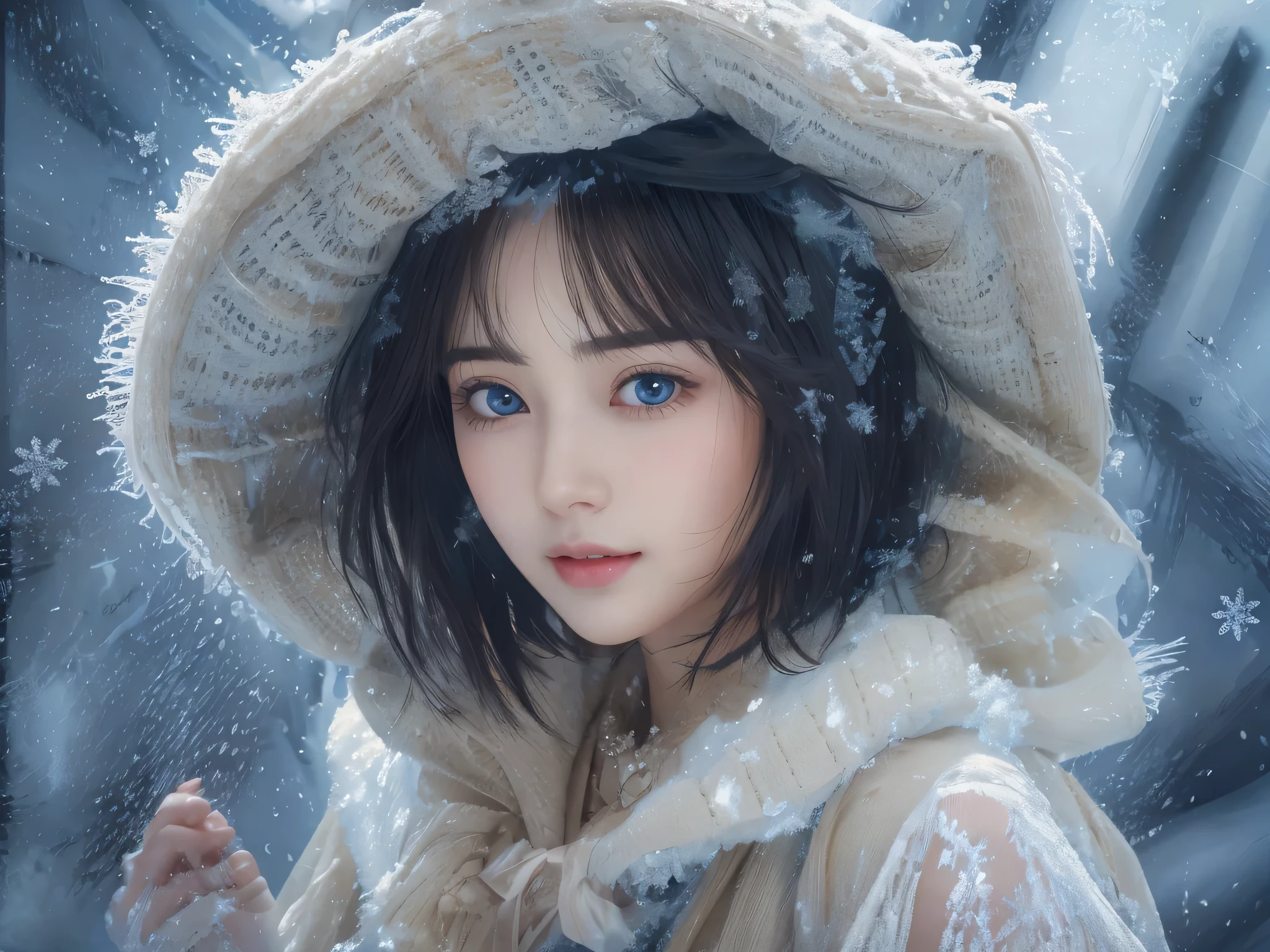 Realistic、Highest quality、Highest quality、masterpiece、Ultra-high resolution、RAW Photos、Realistic、Bright lighting、Face Light、Smooth Professional Lighting、Looking into the camera、alone、Adult female、Beautiful woman、Super Beauty、Realistic肌、Moisturized Skin、Realistic eyes and faces、Perfect model body shape、Beautiful Eyes、Big eyes、Inconspicuous tear bags、slim、big breasts of medium size、Very good、Beautiful fingers、Very short hair、Black Hair、black eye、Looks happy、Cowboy Shot、(Both ears are hidden by hair)、(((Ice Witch)))、Fantasy World、Medieval Europe、The snow queen、Ice Magic、ice sculpture、Ice Country、