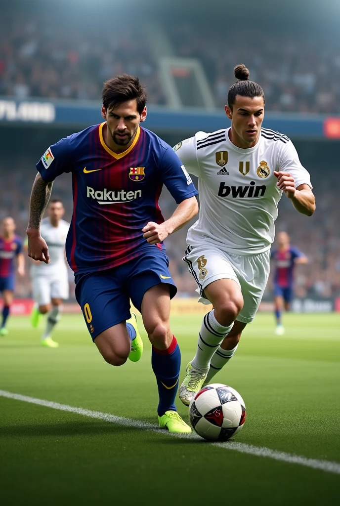 football lionel messi and ronaldo running with barcelona 2015 jersey and cristiano ronaldo with real madrid 2015 jersey
