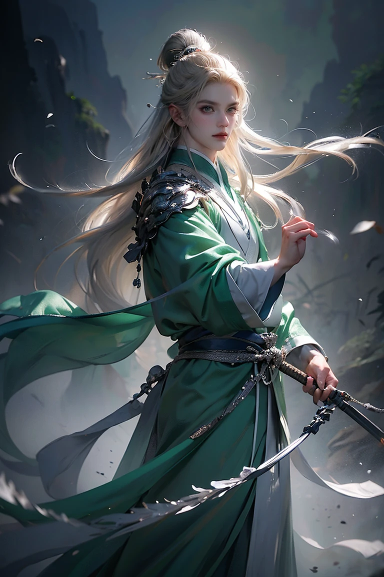 a man with blond hair and blue eyes wearing traditional Chinese clothing, traditional clothing from the Tang dynasty, emerald and silver tones, bringing power and peace to the image, symbol of a dragon on the pieto (best quality, 4k, 8k, high resolution, art - prime: 1.2), ultra detailed, (realistic, photorealistic, photorealistic: 1.37), extremely detailed eyes and face, long eyelashes, intricate armor details, traditional Chinese robes, flowing hair, emerald and silver color palette, expression powerful and serene, dramatic lighting, cinematic composition, award-winning digital art
