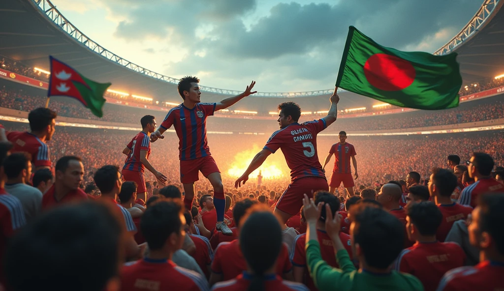 The audience are fighting in the stadium wearing nepals football herdey and bangladesh football jersey m