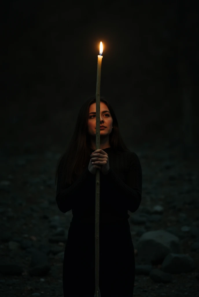 Person holding a long candle in the dark, in vertical format