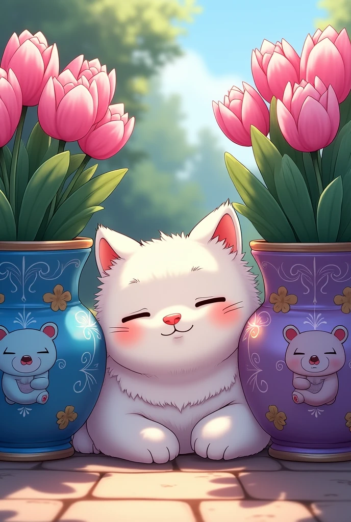 A cat lying between an anime-style flowerpot. The flowerpots have to have striking bear figures and stand out in blue, purple, pink colors.
