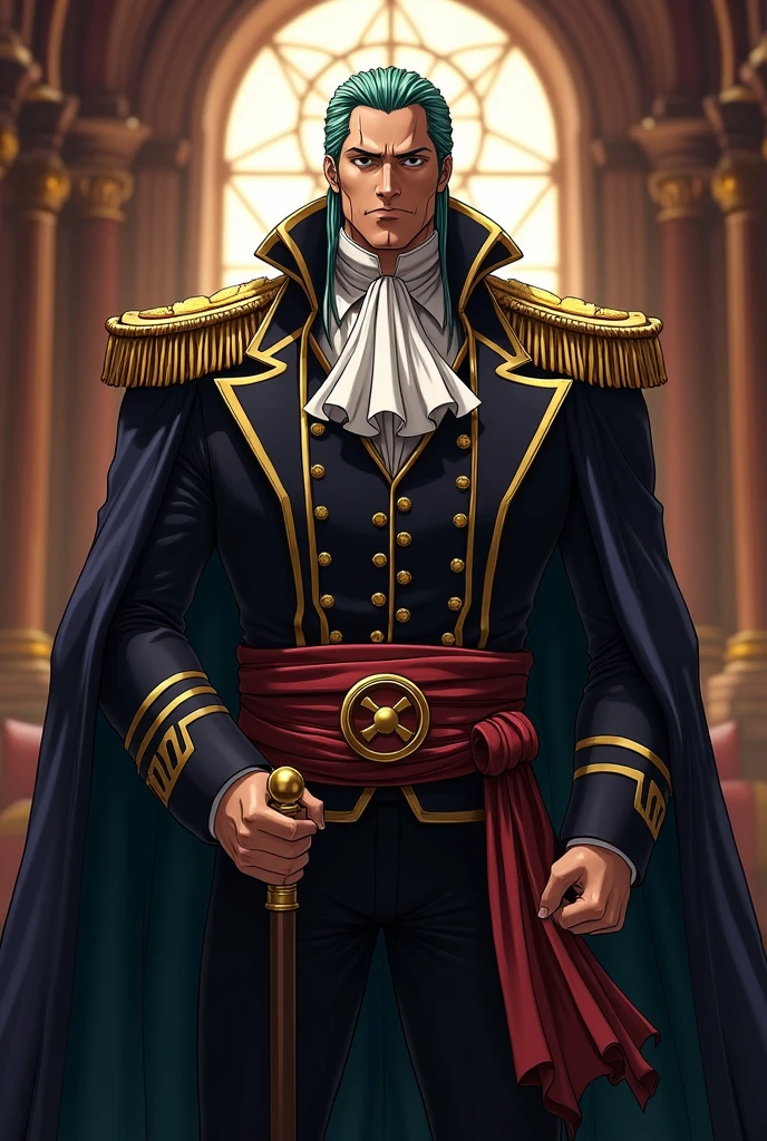 pirate outfit based on the anime One Piece for a diplomat, She is the one who will take care of alliances and agreements with other pirates. Do this whole body. I want something more intimidating. I want something that commands respect, less cuteness and more fear.