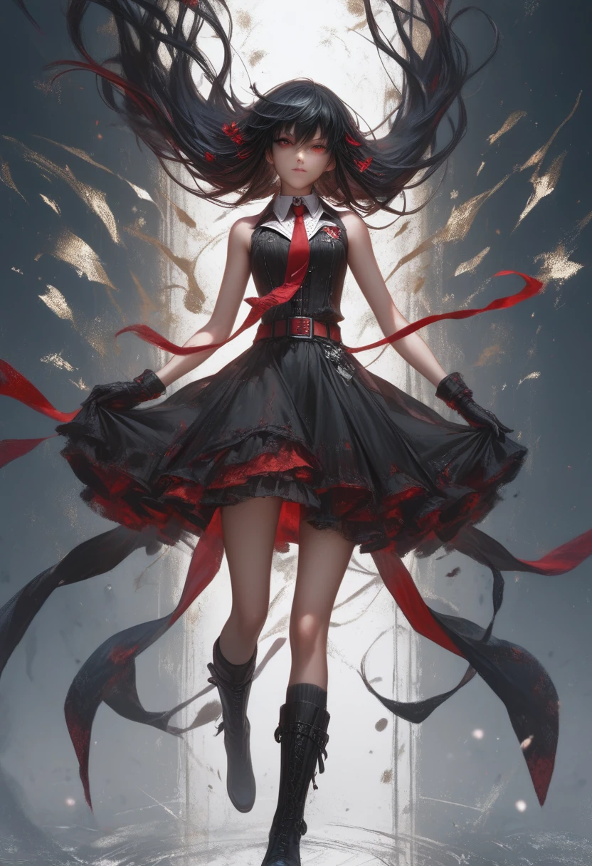 score_9, score_8_up, score_7_up, (Akame ga Kill!), very long black hair, floating hair, red eyes, black dress, sleeveless, detailed white collar, black skirt, red belt around her waist, red and black gloves, long red tie, black socks, boots, (ultrahigh resolution textures), bokeh, light passing through hair, (abstract background), (official art)
