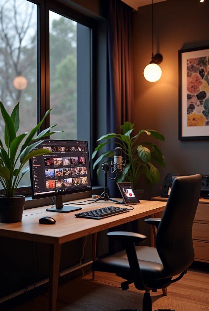 A modern and classic studio with YouTube analysis on the wall. 
a flat screen. A milestone play button. 
Microphone. Studio light.