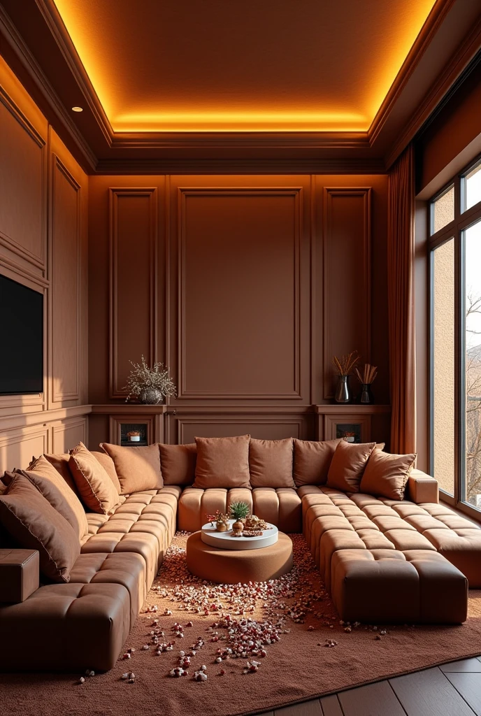 ((masterpiece, 8k, best quality, 8k, super realistic, high resolution:1.3)), living room made of chocolate, chocolate world, chocolate lighting, sofa de chocolate, sofa made of chocolate bar, tv is chocolate, carpet is candy, yellow lighting
