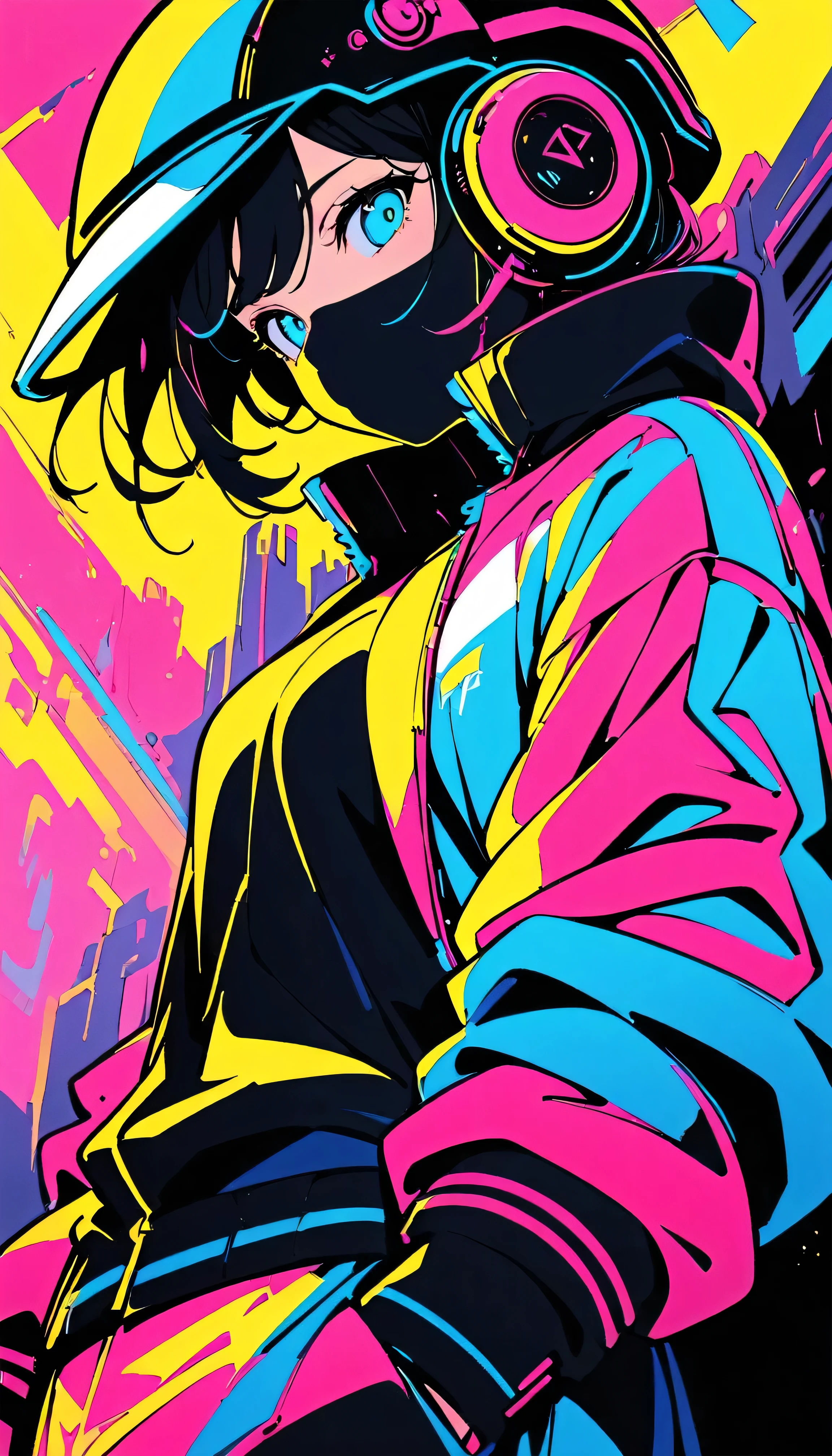 (high quality, 8k, 4K, High Contrast, masterpiece:1.2, 最high quality, Best aesthetics), (Dynamic Angle), ((1 female)), ((cyber punk)), ((Flat Color)), ((Colorful art)),Helmet,Riders jacket, Looking at the audience, Upper Body, Colored Background, High Contrast, Contrasting colors, Cowboy Shot,