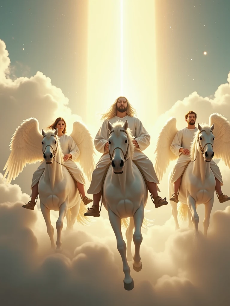 second comming of Jesus in the air with a bright white Horse long white hair and no wings and with a group of angels riding a horse realistic