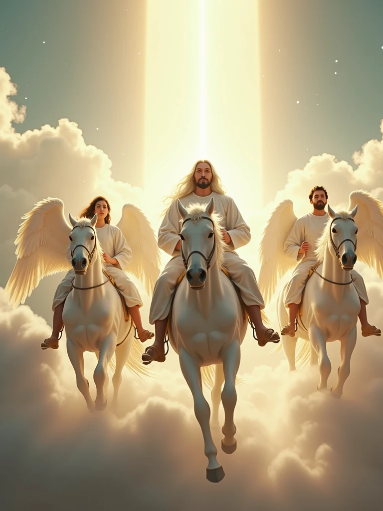 second comming of Jesus in the air with a bright white Horse long white hair and no wings and with a group of angels riding a horse realistic