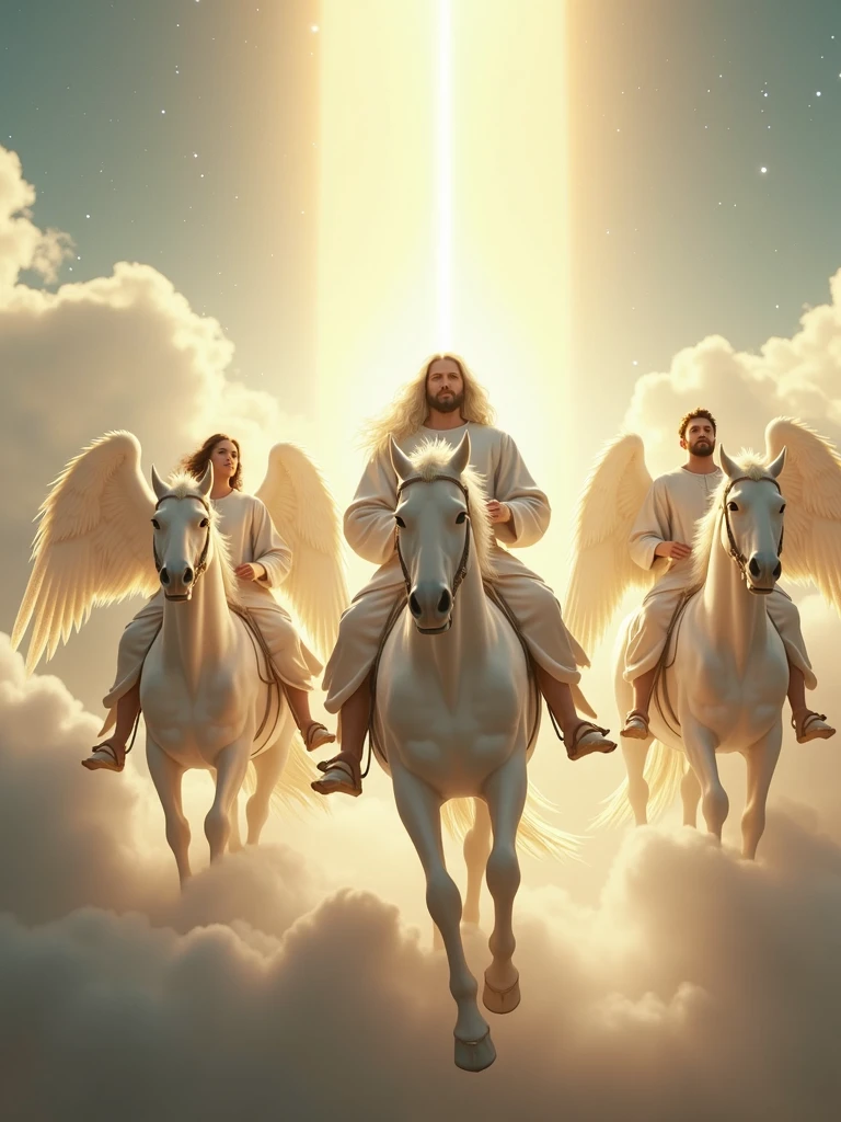 second comming of Jesus in the air with a bright white Horse long white hair and no wings and with a group of angels riding a horse realistic