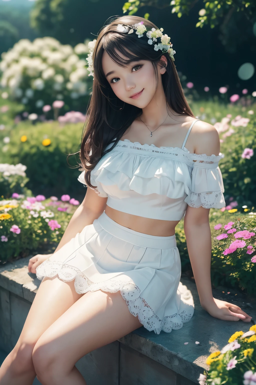 cute sexi girl, thick thighs, white short miniskirt ,lace miniskirt ,smile,flower garden,full body,sitting,sea in the distance,light particles,(Depth of field,cinematic angle,cinematic lighting:1.2),blurry background,blurry foreground,(masterpiece:1.2),(best quality:1.2),(very aesthetic:1.2),(absurdres:1.2),(detailed background),newest,intricate details