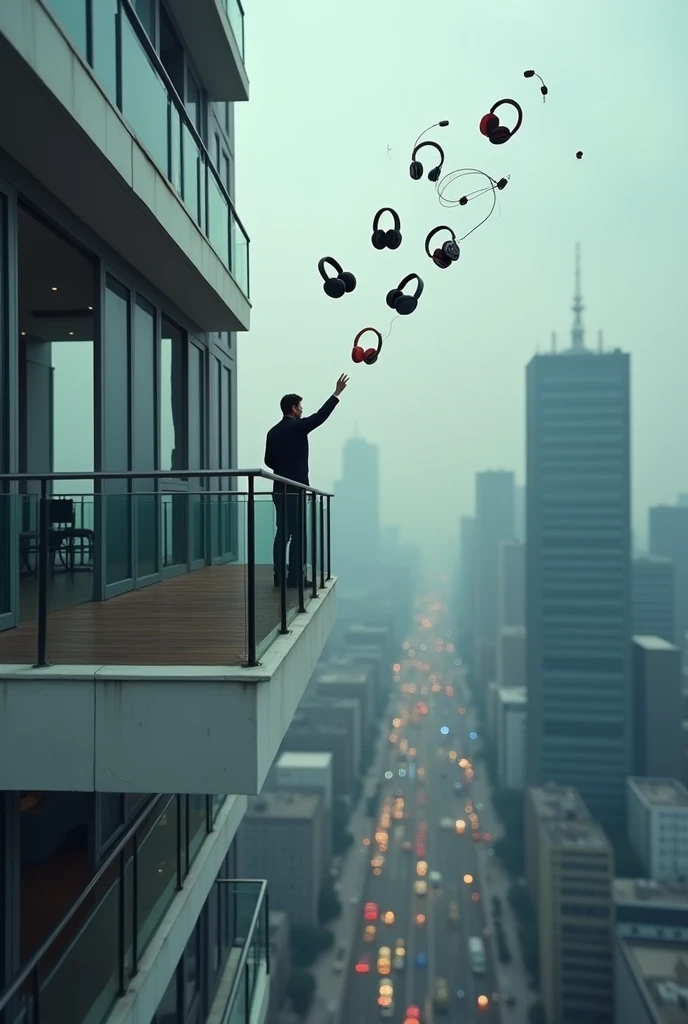 Throwing away 5 headphones from a building terrace