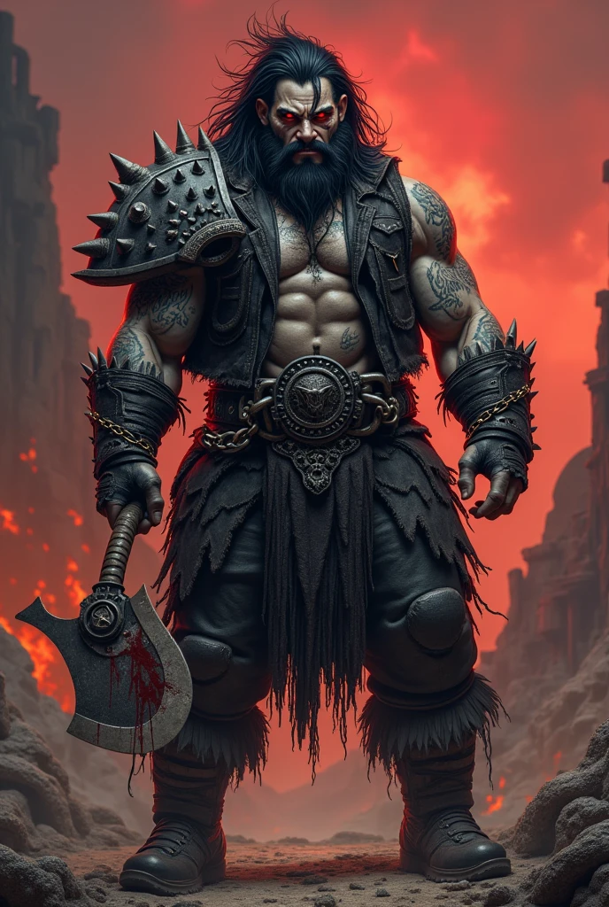 A full-body image of 'Cão Raivoso,' inspired by DC's Lobo, in a Dungeons & Dragons 5e setting. The character is depicted as a Goliath Barbarian with a muscular, humanoid build and gray, stone-like skin. His body is covered in tribal tattoos and scars, with wild, spiky black hair, a black goatee, and black markings around his intense, red glowing eyes. He is wearing a torn, rugged black leather jacket over spiked leather armor, with the jacket sleeves ripped off, exposing his muscular arms. He also wears black pants with chains and combat boots, and carries a massive, blood-stained great axe. The background is a barren, post-apocalyptic wasteland with smoldering ruins and a blood-red sky, emphasizing his brutal and chaotic nature. The pose should be dynamic, showing his full intimidating presence, ready for battle. Change only the face of the character to make it more refined, following the previously approved model, with a confident and menacing grin, showing normal human teeth, Jasson Mamoa face.