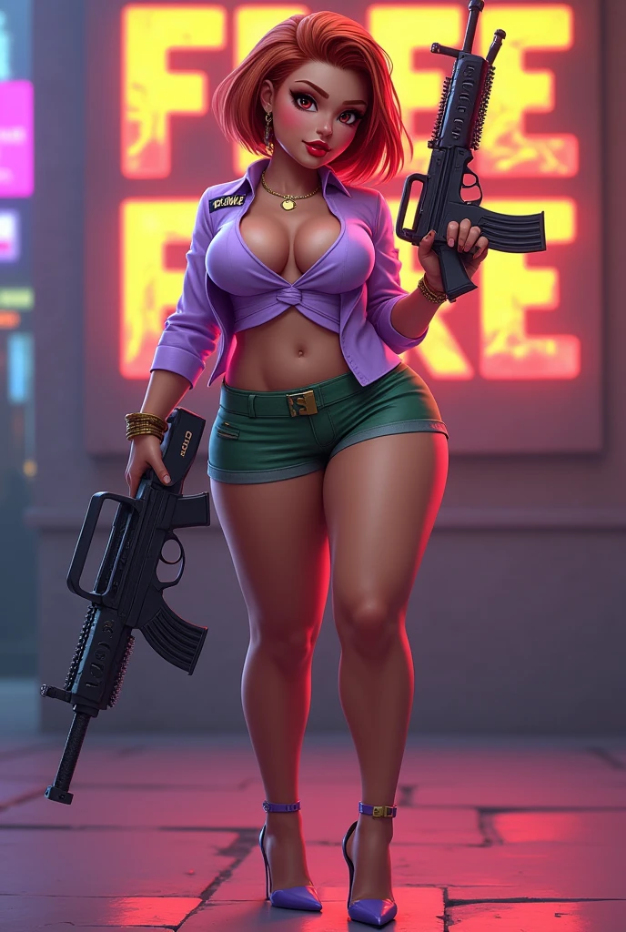 Freefire game style female character, very sexy, com rosto redondo, big breasts and thick thighs, of skin jambo, short medium copper red hair, eyes browns, wearing red lipstick, wearing a short, low-cut lilac blouse with the name SOLENE and a short green skirt, lilac shoe with green high heels, holding beautiful mp5 gun and making a pose, with colored background and the name of the game FREEFIRE behind.