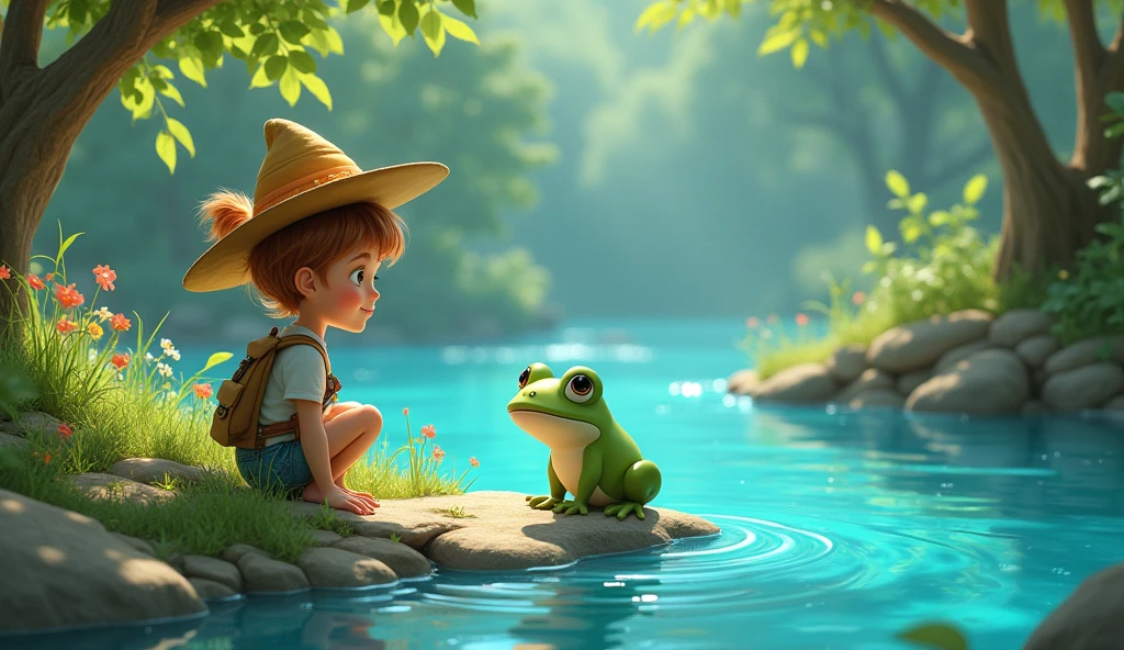 Margo and froggy are present on a river having blue water