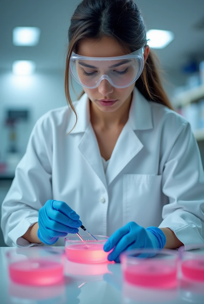 A female nutritionist, cientist, doing research and analyzing small pink colored petri dishes and wearing gloves, em horizontal