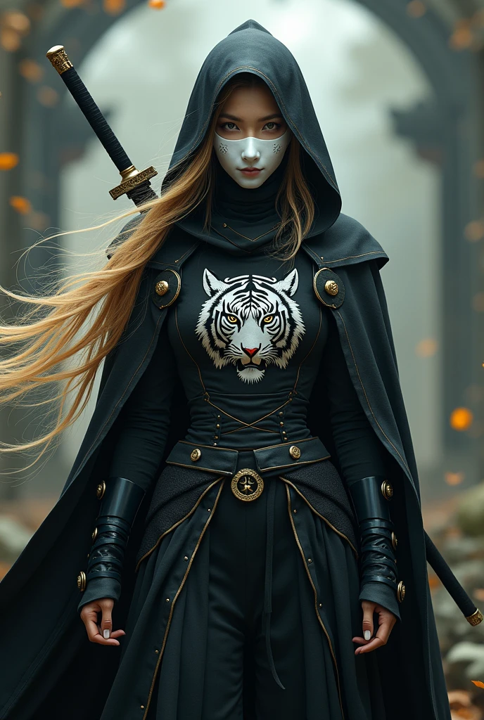 Girl with golden hair, she wore a white rabbit mask that covered her nose and black armor with a cape and hood. The cape has a drawing of a white tiger. The woman carries two long swords on her back.