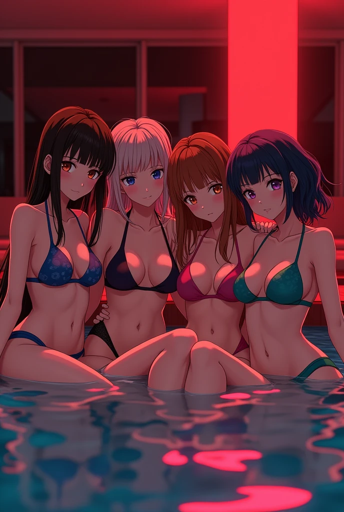 4 girls in bikini in a pool, red light, anime realistic