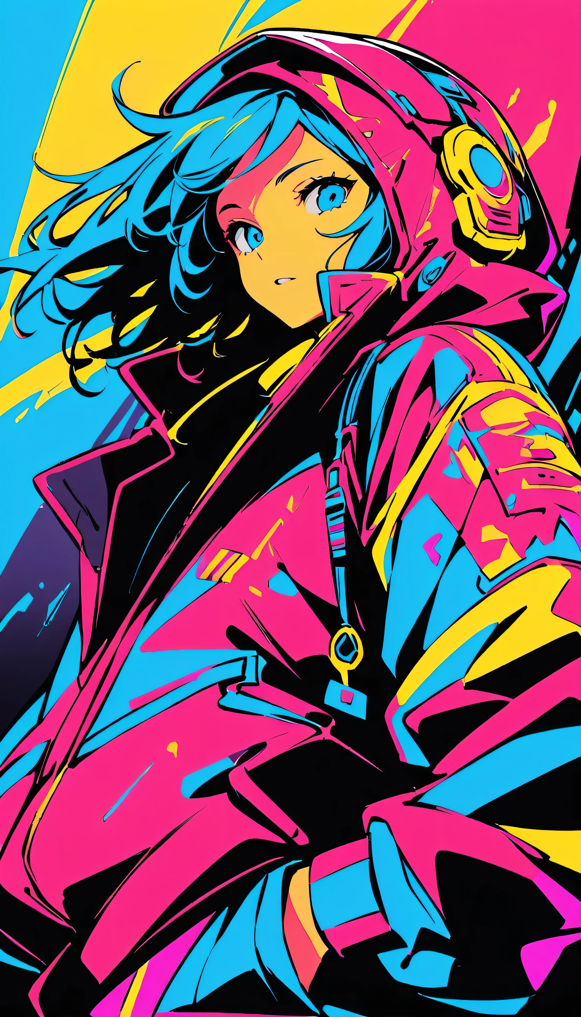 (high quality, 8k, 4K, High Contrast, masterpiece:1.2, 最high quality, Best aesthetics), (Dynamic Angle), ((1 female)), ((cyber punk)), ((Flat Color)), ((Colorful art)),Helmet,Riders jacket, Looking at the audience, Upper Body, Colored Background, High Contrast, Contrasting colors, Cowboy Shot,