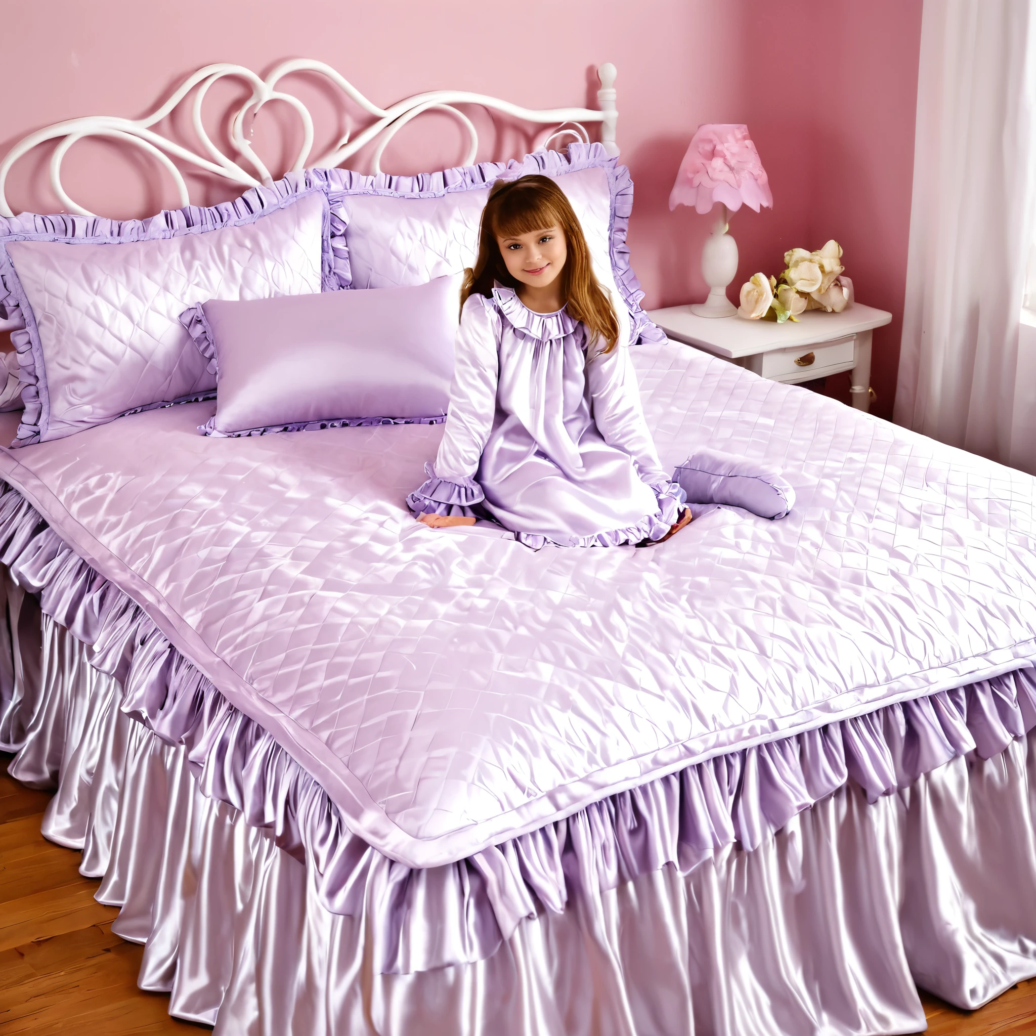 A girl on the bed,plump quilted silk satin nightgown, long sleeves,frilled sleeves,children's mittens without fingers, a bed with a mountain of silk satin pillows,sissy canopy bed,king size bed,more big bed,lot of frilled pillows,more pillows, A plump qulited silk satin devet,ruffles lace silk.retro white pipe bed frame, A large silk satin ruffled duvet covers the entire bed,