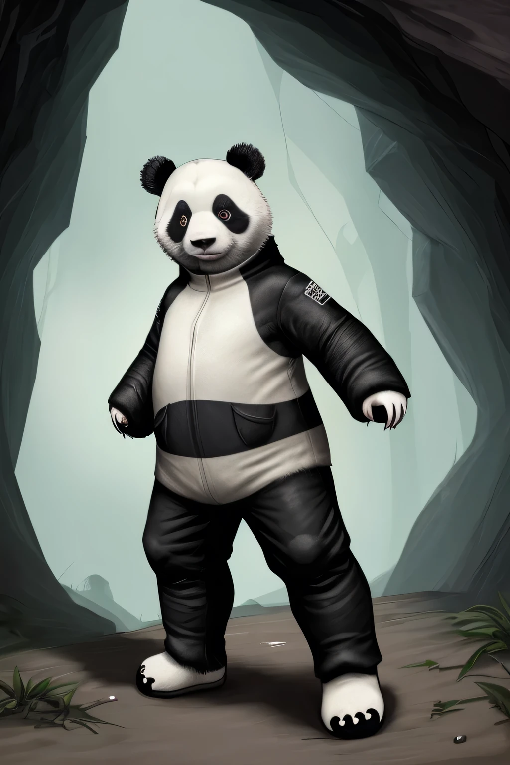Little adventurous panda //adventurer clothing// haunted cave //similar to a human but being a panda, the whole body is like a panda // in killer clothes