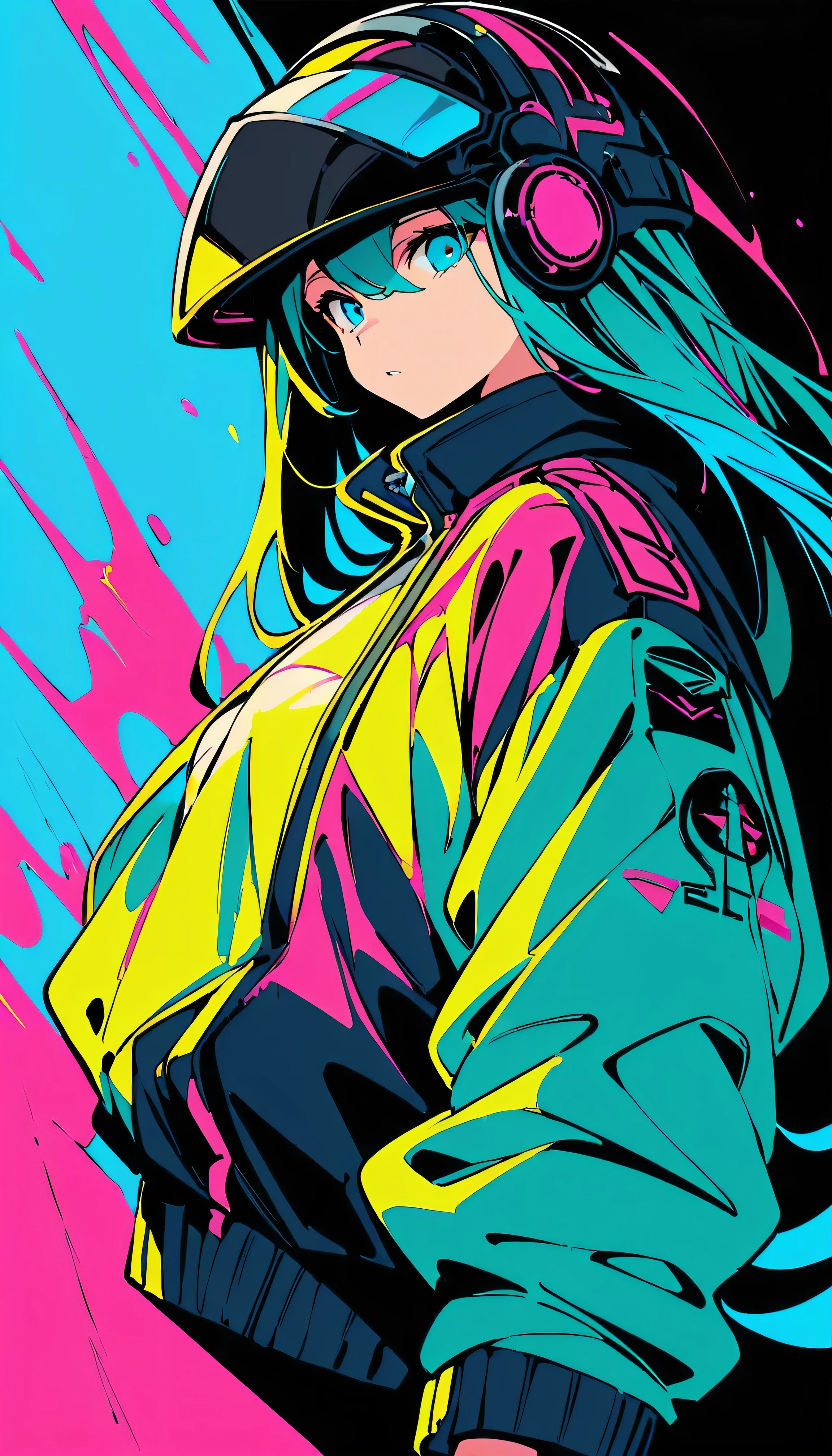 (high quality, 8k, 4K, High Contrast, masterpiece:1.2, 最high quality, Best aesthetics), (Dynamic Angle), ((1 female)), ((cyber punk)), ((Flat Color)), ((Colorful art)),Helmet,Riders jacket, Looking at the audience, Upper Body, Colored Background, High Contrast, Contrasting colors, Cowboy Shot,