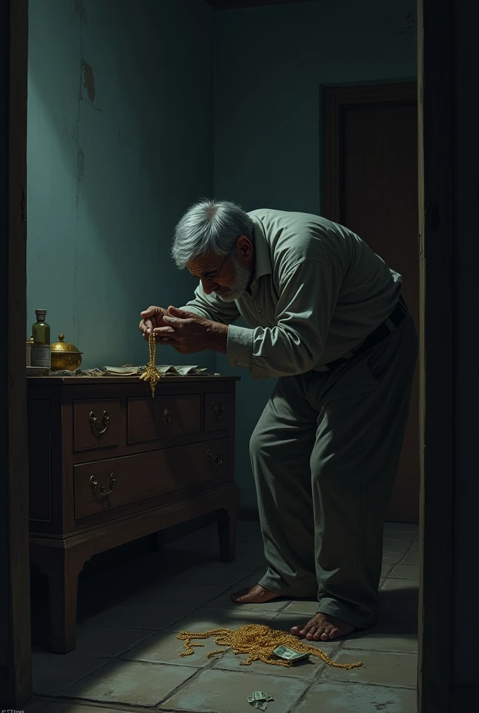 Prompt: Inside a dimly lit, traditional room with simple furniture. The thief, a middle-aged man with a nervous expression, is quietly searching through drawers and cabinets, finding some money and gold jewelry.
Bangladeshi