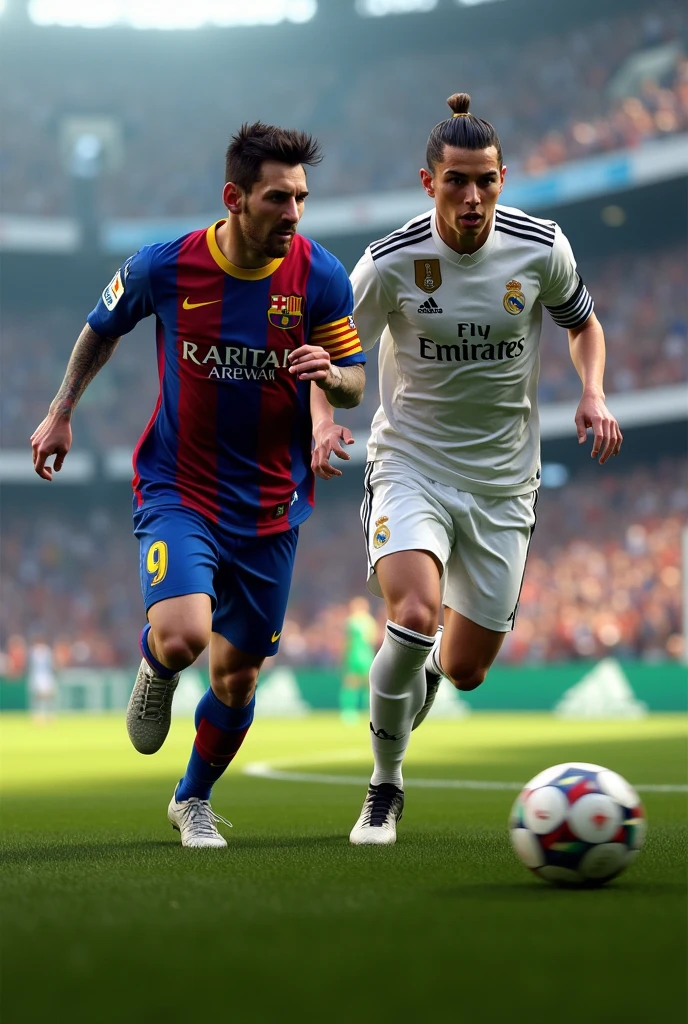 football lionel messi and ronaldo running with barcelona 2015 jersey and cristiano ronaldo with real madrid 2015 jersey