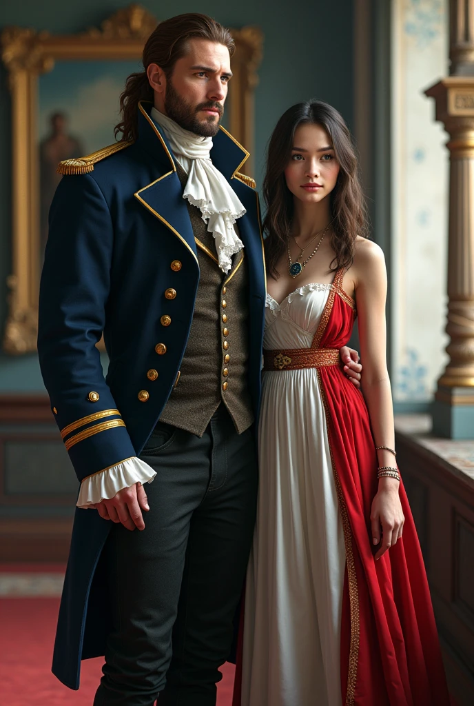  in the hyperrealistic genre. Jack Aubrey, Tall and strong captain, wide shoulders, Powerful muscles, in the uniform of a 19th century naval captain, rubio, her hair is tied in a ponytail, The hair curls at the ends., age 38 years, clean shaven face, good-humored face, with expressive features, blue eyes, height 183 cm. Aila is a short girl, height 157 cm, straight, dark hair, long to the hips, bob haircut, There are no bangs, grey eyes, mole under the eye, thin lips. small breasts, Wide hips, Thin waist, Jack Aubrey&#39;s height. She is wearing a white and red dress., Sapphire necklace, modern sneakers. They are with Jack in charge.., Jack Aubrey hugs his waist. Drawing the full face. He is looking into the distance. Draw your hands correctly. your eyes correctly too. realistically. Wing of the 21st century, and Jack of nineteen. Jack has a beardless face... HYPERREALIST REALISTIC 4K