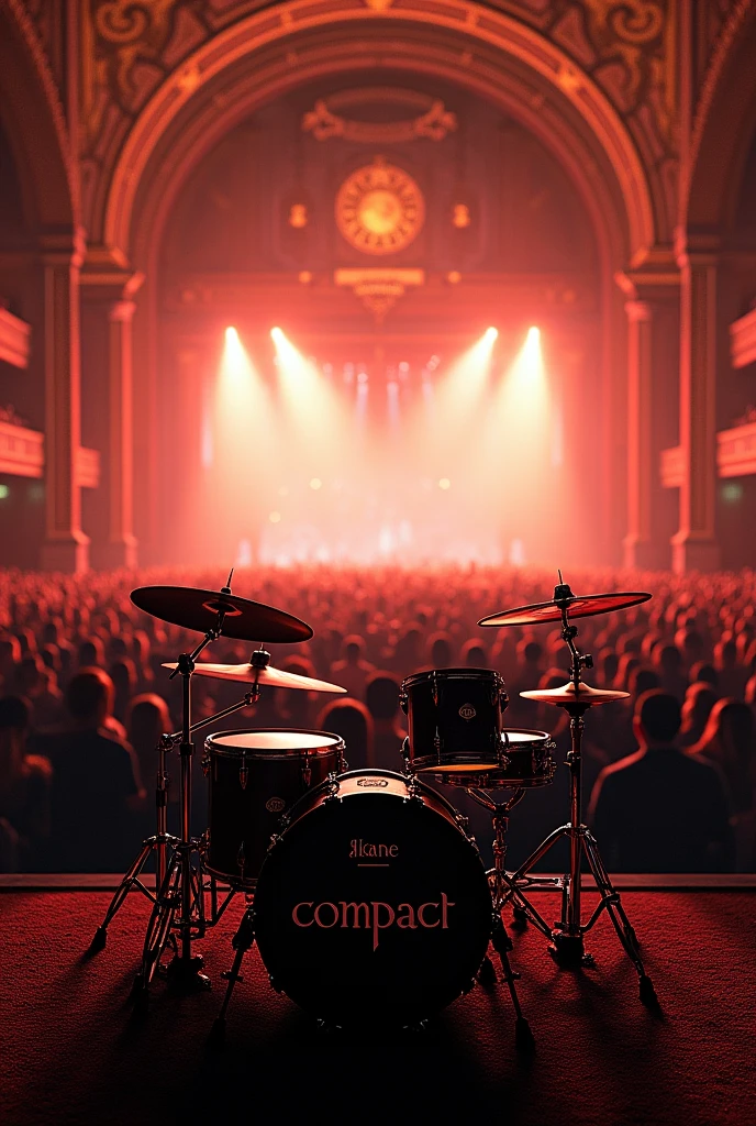 Image of a stage in a metal concert hall, sold out, with many people, There is a luxury drum set on stage, a bass of.luxury and a luxury electric guitar, and on the drum bass drum the logo says  "Compact"