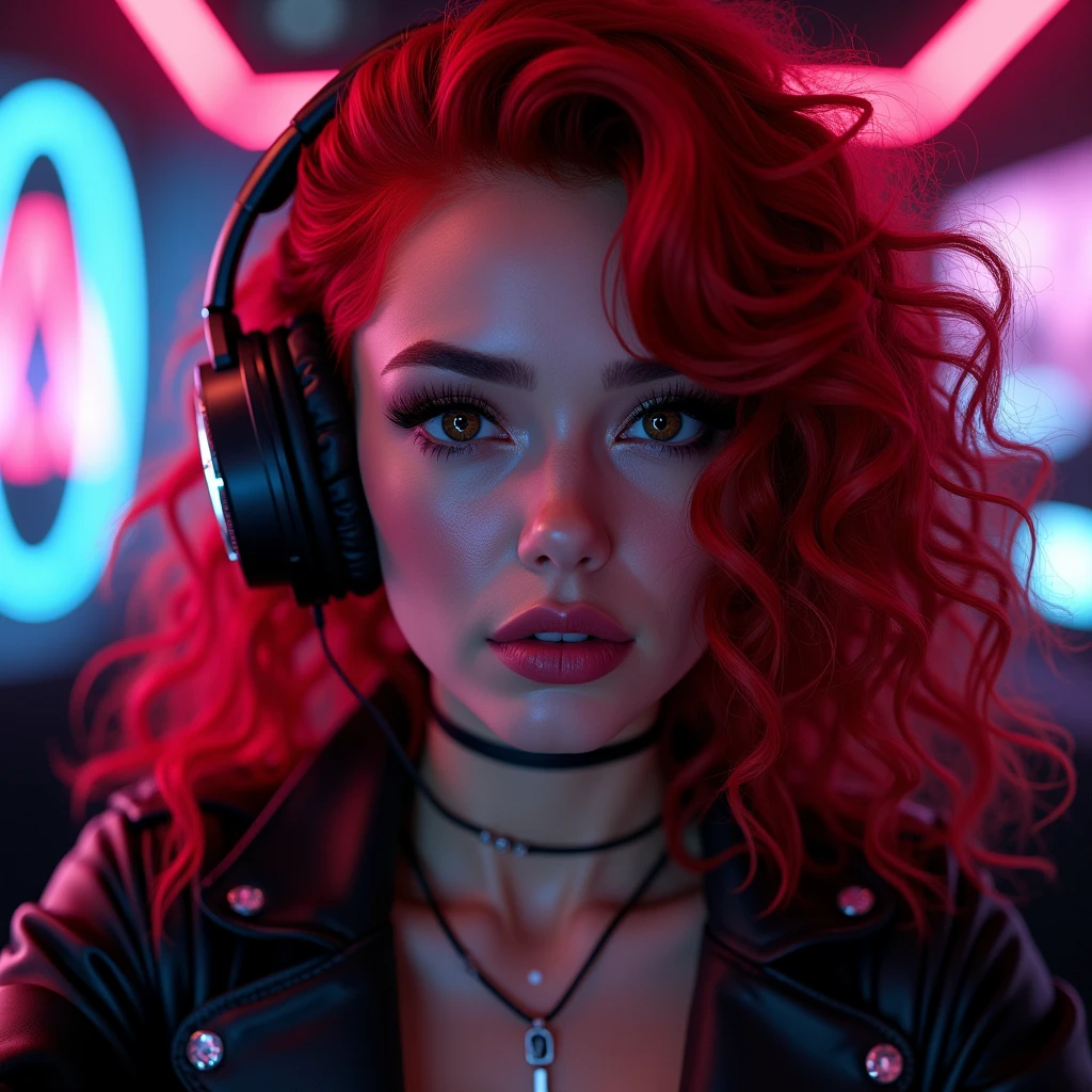 ((Very beautiful girl)), 8k, Young beautiful girl, ((Red curly hair)), red long hair, complex makeup, ((plump lips)), ((big expressive black eyes)), perfectly beautiful girl, jewelry, glitter, ((Gaming headphones on her head)) glowing headphones ((in a cyber suit)), Background: neon, night, gaming room, many details, first person, close-up, neon lighting, contour neon lighting,