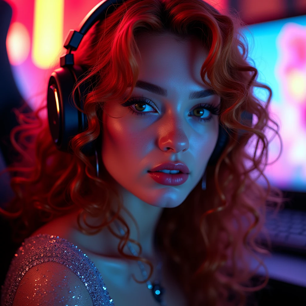 ((Very beautiful girl)), 8k, Young beautiful girl, ((Red curly hair)), red long hair, complex makeup, ((plump lips)), ((big expressive black eyes)), perfectly beautiful girl, jewelry, glitter, ((Gaming headphones on her head)) glowing headphones ((in a cyber suit)), Background: neon, night, gaming room, many details, first person, close-up, neon lighting, contour neon lighting,