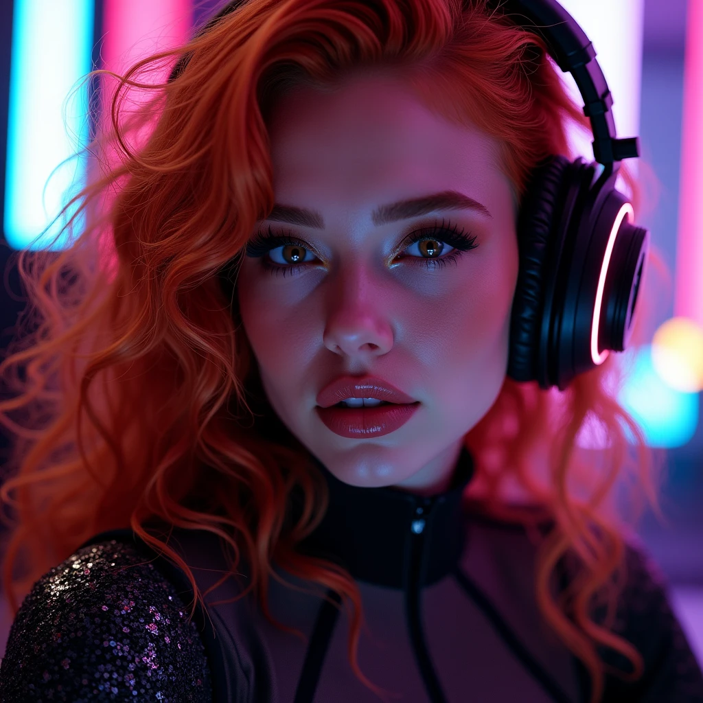 ((Very beautiful girl)), 8k, Young beautiful girl, ((Red curly hair)), red long hair, complex makeup, ((plump lips)), ((big expressive black eyes)), perfectly beautiful girl, jewelry, glitter, ((Gaming headphones on her head)) glowing headphones ((in a cyber suit)), Background: neon, night, gaming room, many details, first person, close-up, neon lighting, contour neon lighting,