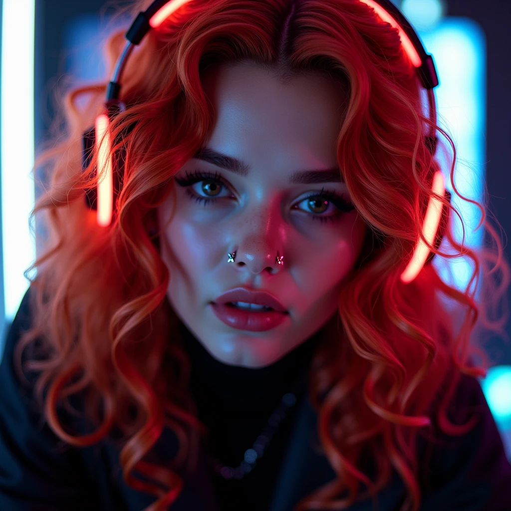 ((Very beautiful girl)), 8k, Young beautiful girl, ((Red curly hair)), red long hair, complex makeup, ((plump lips)), ((big expressive black eyes)), perfectly beautiful girl, jewelry, glitter, ((Gaming headphones on her head)) glowing headphones ((in a cyber suit)), Background: neon, night, gaming room, many details, first person, close-up, neon lighting, contour neon lighting,