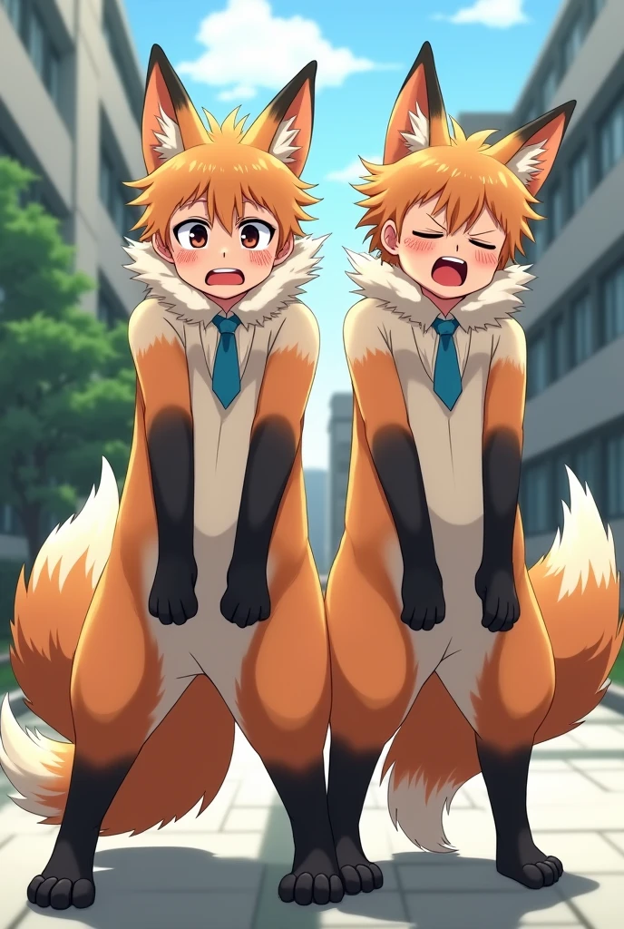 Two boy's lower_body is transformed into a fox(Japanese anime style)(four legs)(three tails)(scared and crying)(fox ears)(student costume)(fox_taur)