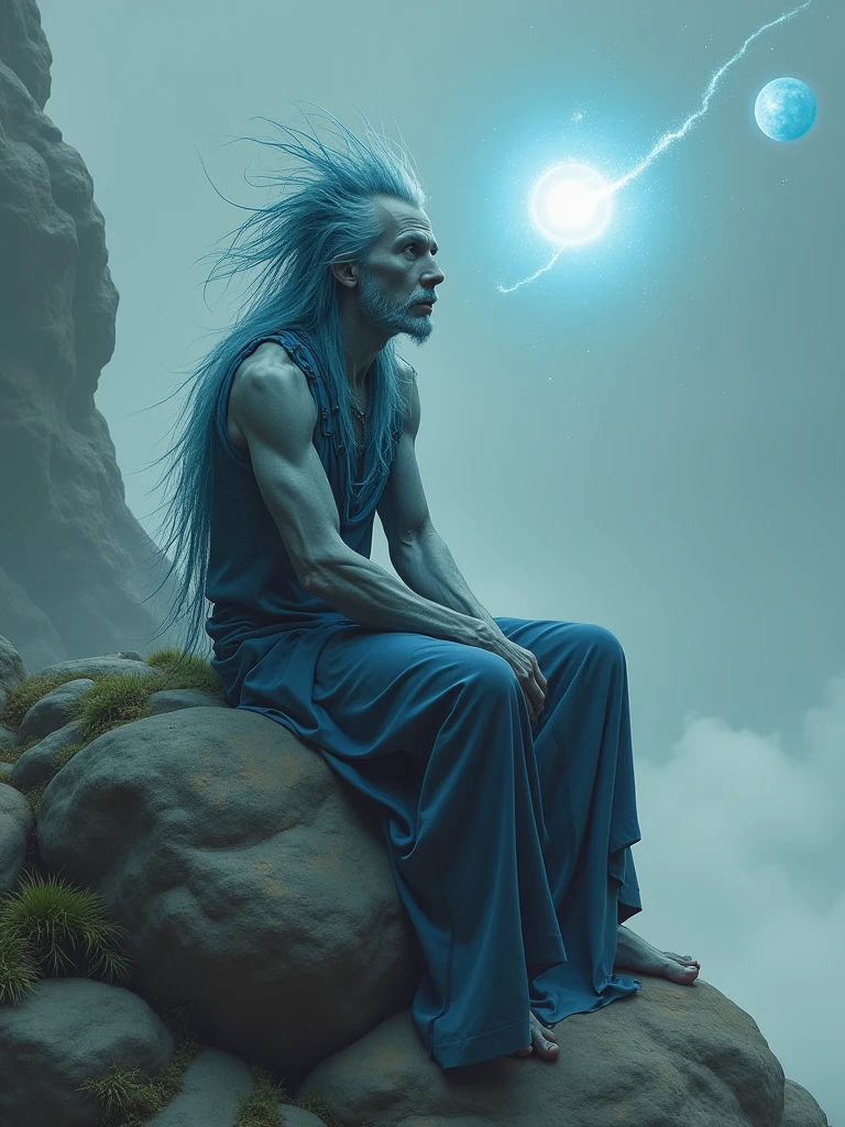 John hurt with gray skin and riotous  blue hair sitting in a big rock staring at the stats