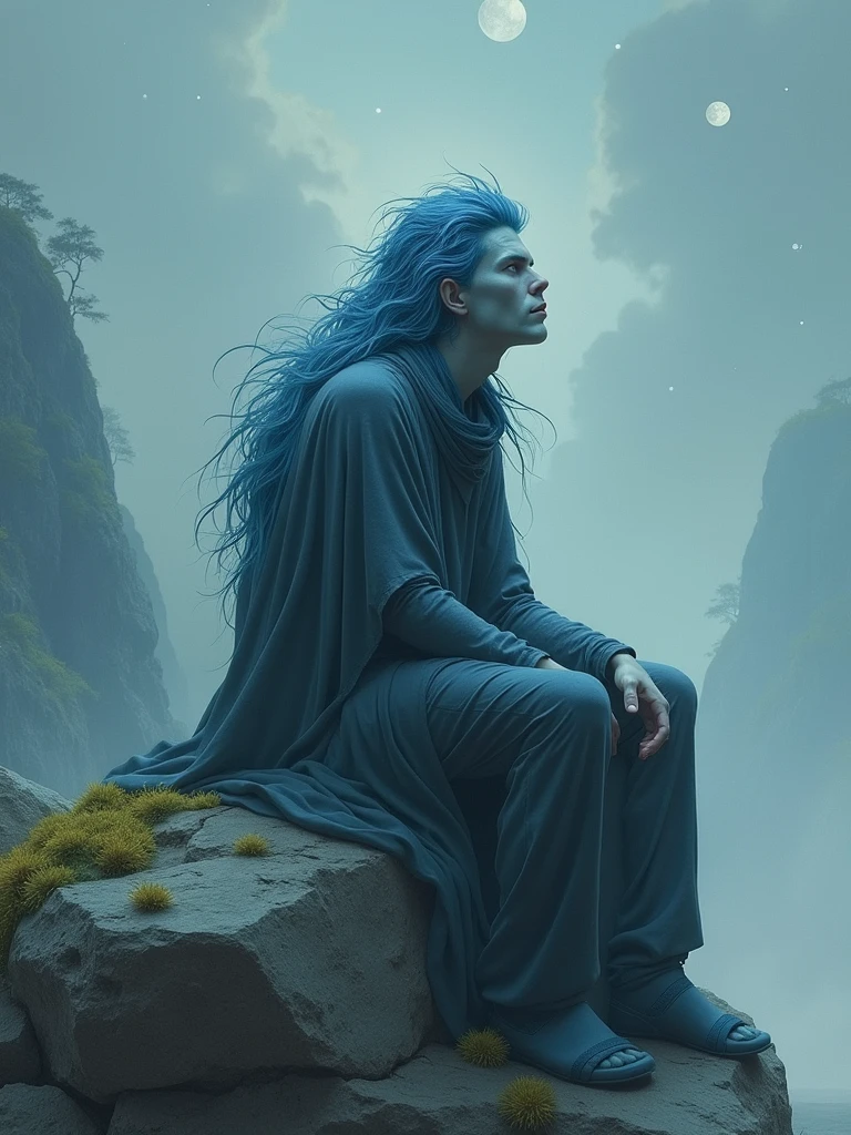 John hurt with gray skin and riotous blue hair sitting in a big rock staring at the stats