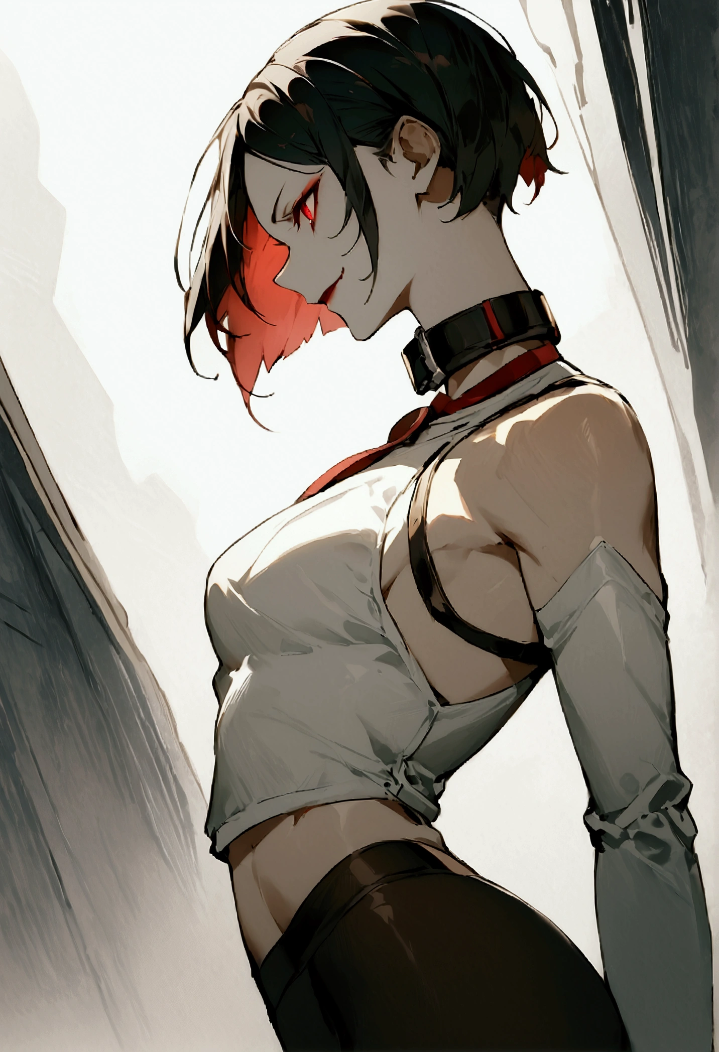 fully body,standing,alone,short hair,work of art,face detailed,young fitness linda,Wearing black pantyhose,tight white sweater with collar ,neckleace,evil smile,red eyes glowing,labiaa,eye shadow,bangs on the eyes,black gloves,from sideways,perfil from sideways