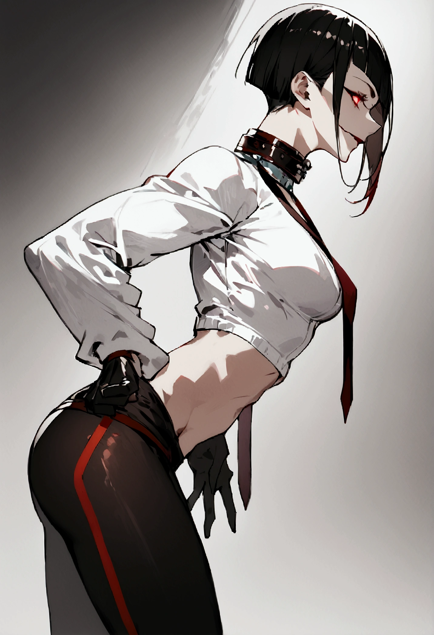fully body,standing,alone,short hair,work of art,face detailed,young fitness linda,Wearing black pantyhose,tight white sweater with collar ,neckleace,evil smile,red eyes glowing,labiaa,eye shadow,bangs on the eyes,black gloves,from sideways,perfil from sideways
