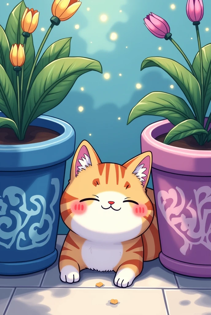 A cat lying between a flowerpot in anime style. The flowerpots have to have striking figures and stand out in blue, purple, pink colors.
