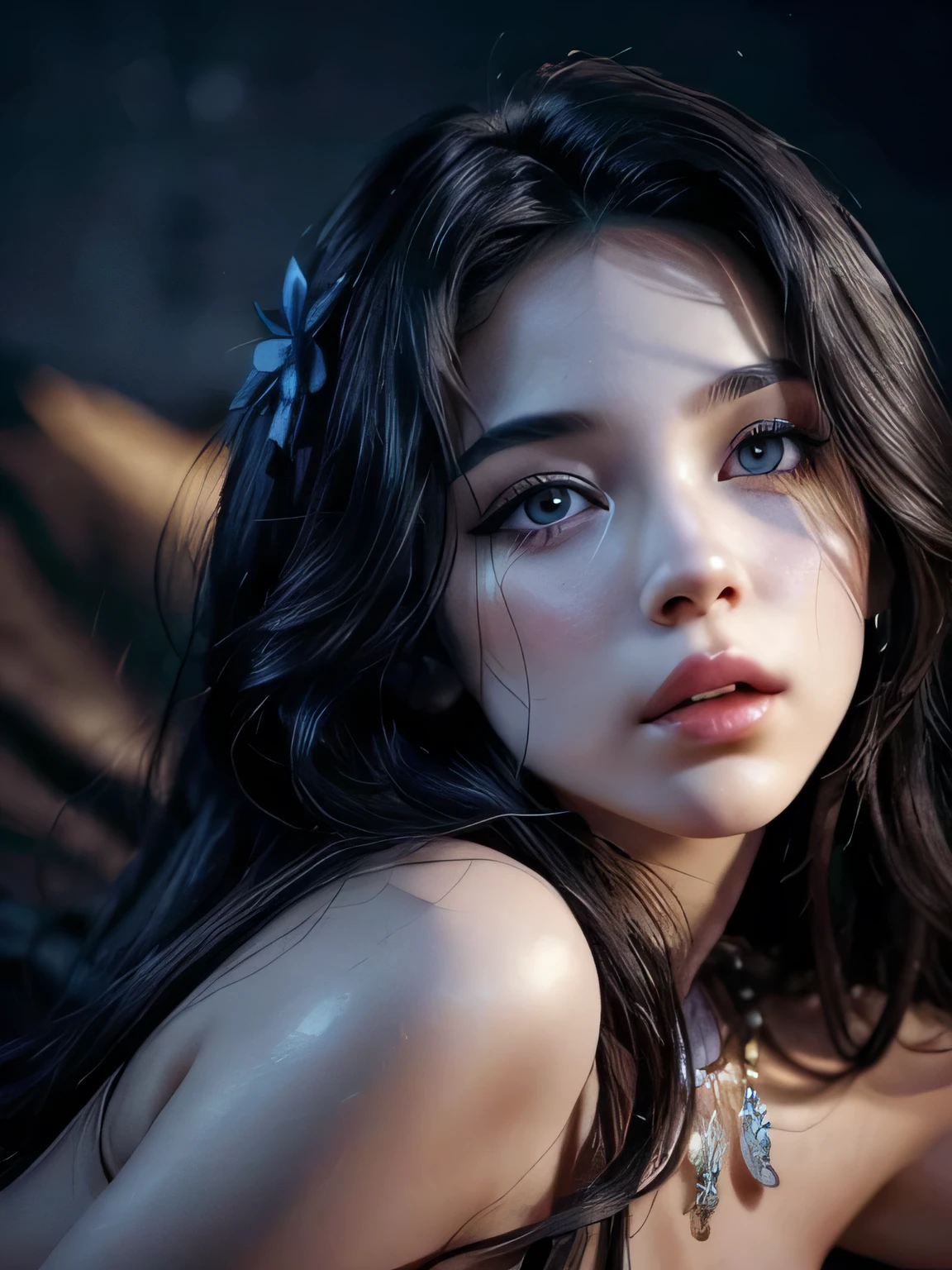 1girl, beautiful detailed eyes, beautiful detailed lips, extremely detailed face and features, long eyelashes, naked, (small tits), elegant pose, orgasming, fucking, sex, golden hour lighting, dramatic shadows, cinematic composition, photorealistic, 8k, high quality, masterpiece, (((long dark black hair with tints of blue))), (flower in hair), necklace, (light grey eyes), (elaborate hairdo)