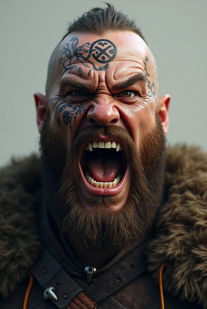 Realistic Viking screaming with his teeth bared with a Norse tattoo around his eye and with his eyes open and very expressive