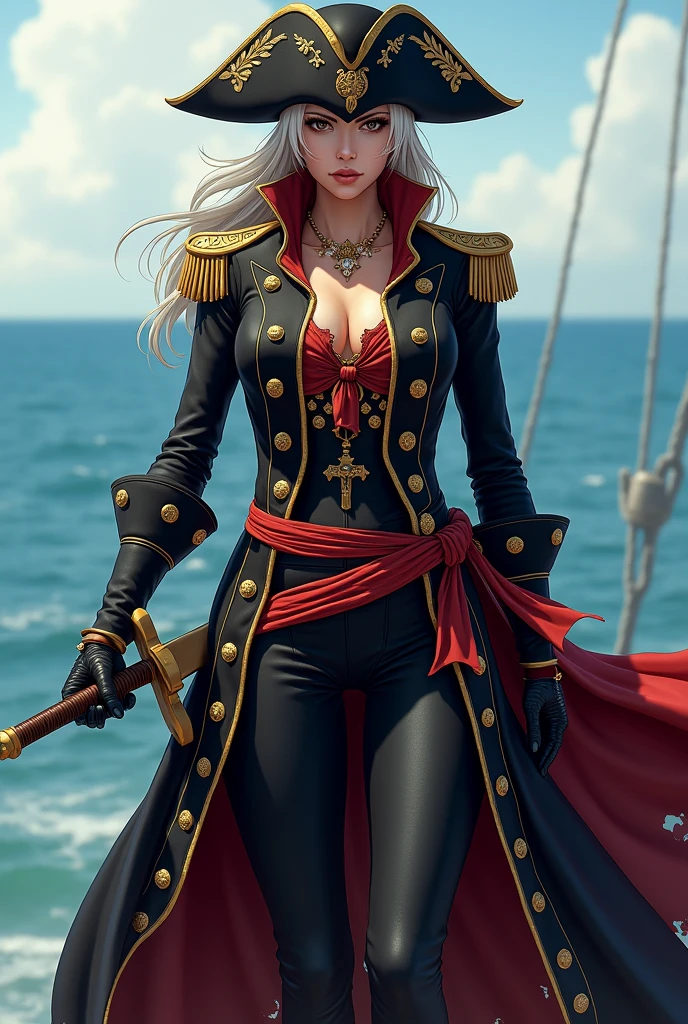 8K、Captain in red pirate costume、Super beauty(Like the real thing)red and black big chest pirate costume、Realistic costume texture、Eye patch over one eye(A black)enchanted、Lifelike skin,looking at viewert,blue eyess,Blonde wavy hair,ultra-sexy,Beautiful Landscapes,Super High Resolution,reallistic,super detailing,ultra -detail,On the deck of a pirate ship,a smile, large breasts