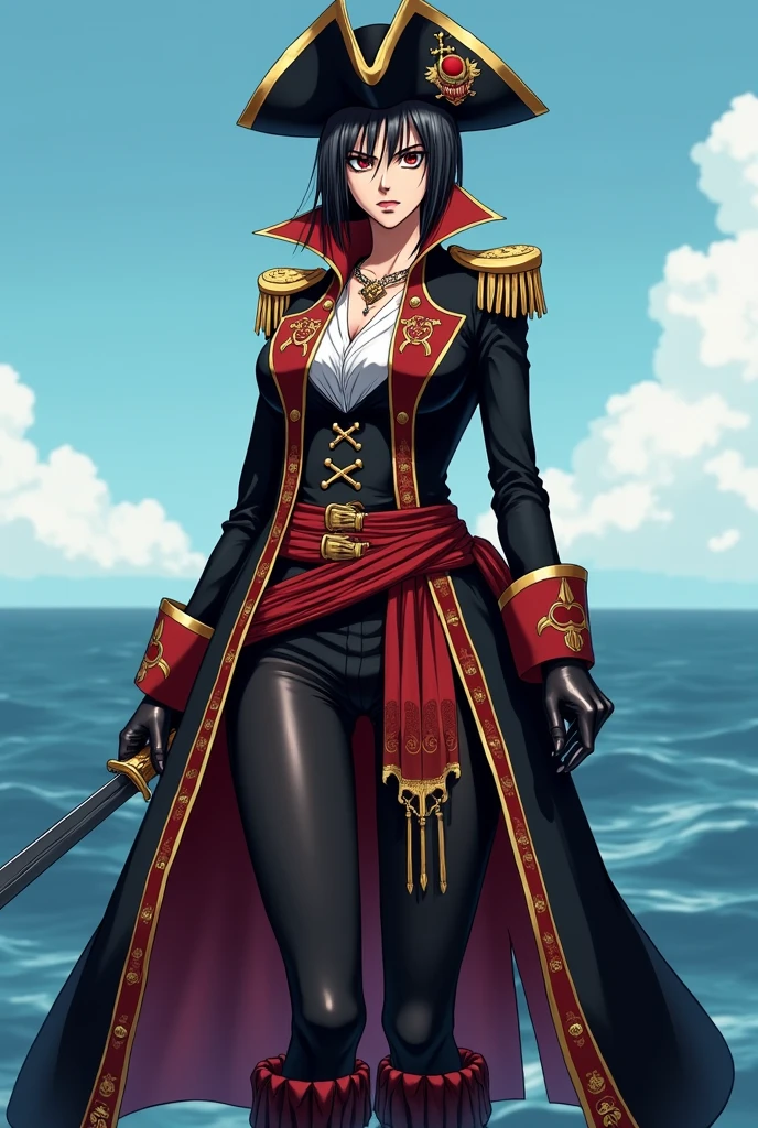 pirate outfit based on the anime One Piece for a diplomat, She is the one who will take care of alliances and agreements with other pirates. Do this whole body. I want something more intimidating. I want something that commands respect, less cuteness and more fear. It's a woman.