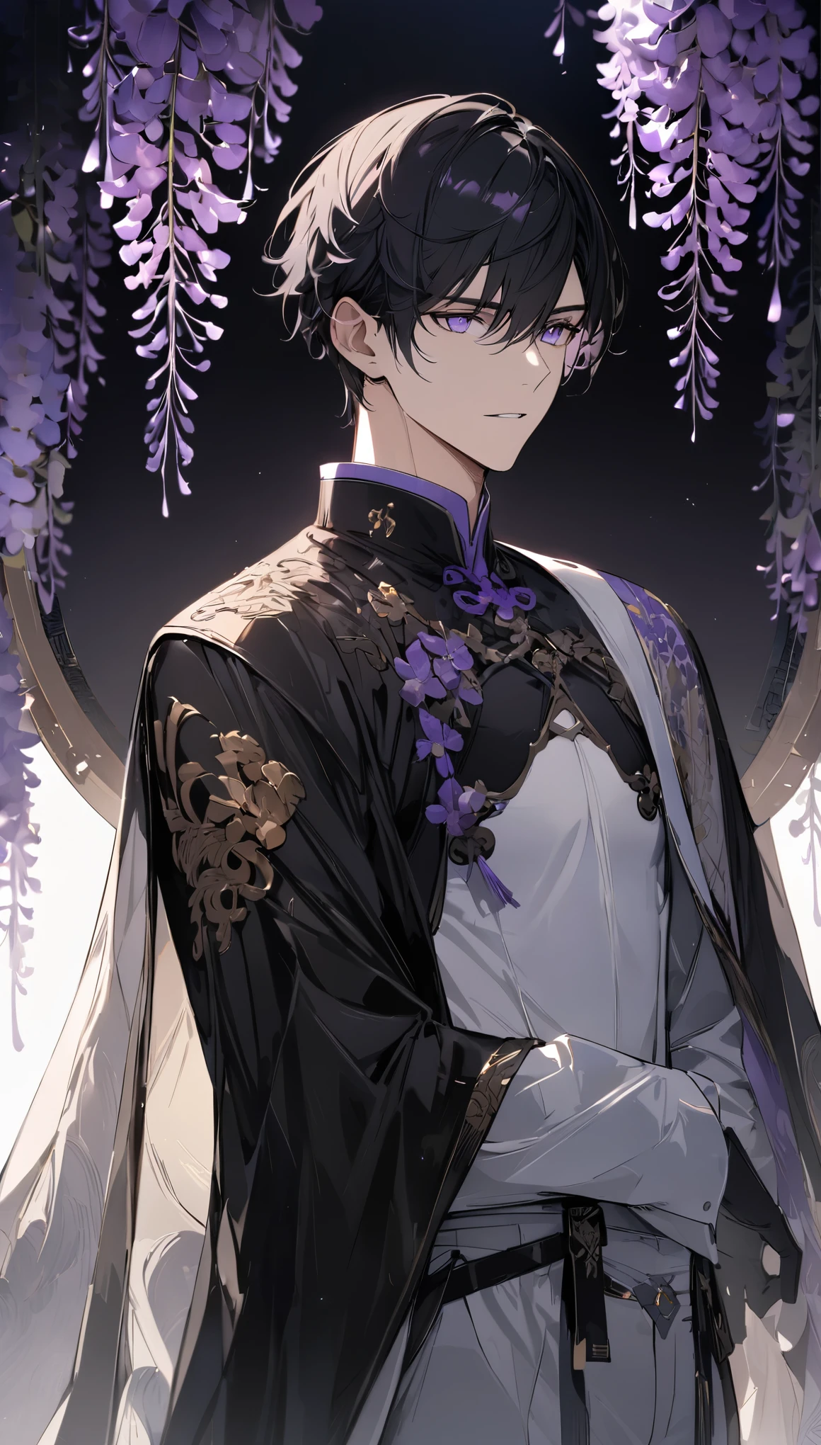 (masterpiece:1.5)，Best quality，(1 Handsome and calm man)，One，black short hair，(purple eyes), (soft expression)，perfect face，Fantasy in Chinese style，long black cloak，white and purple fabric，Intricate clothing design with Chinese elements，Black leather gloves，White lining，White pants，slightly muscular body，high，8 K，Beautiful contrast of light and shadow，purple flowers，Dark luxury background，Wisteria flowers，(The entire upper body)，positive face，luxury screen