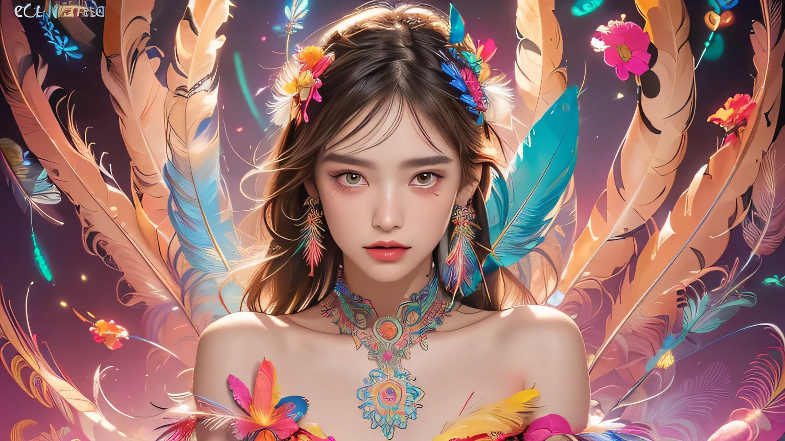 (masterpiece, top quality, best quality, official art, beautiful and aesthetic:1.2), (1girl:1.3), extremely detailed,(fractal art:1.1),(colorful:1.1)(flowers:1.3),highest detailed,(zentangle neon:1.2), (dynamic pose), (abstract background neon:1.3), (shiny skin), (many colors:1.4), ,(earrings), (feathers:1.5) , (Flamethrower:1.3),red background,Phoenix dress,Neon,full HD, all body shot