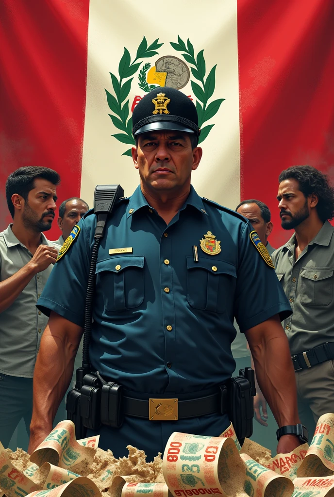 Generates an image showing a police officer in Peru surrounded by corrupt Peruvian banknotes and the Peruvian flag, while a group of citizens looks on with distrust. The image should convey a strong contrast between the corrupt figure of the police and the hopelessness of the community..